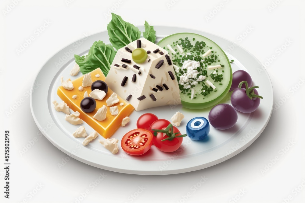 Isolated on white, a plate of crisp salad with veggies, feta cheese, and olives. Perspective from on high. Generative AI Isolated on white, a plate of crisp salad with veggies, feta cheese, and olives. Perspective from on high. Generative AI
