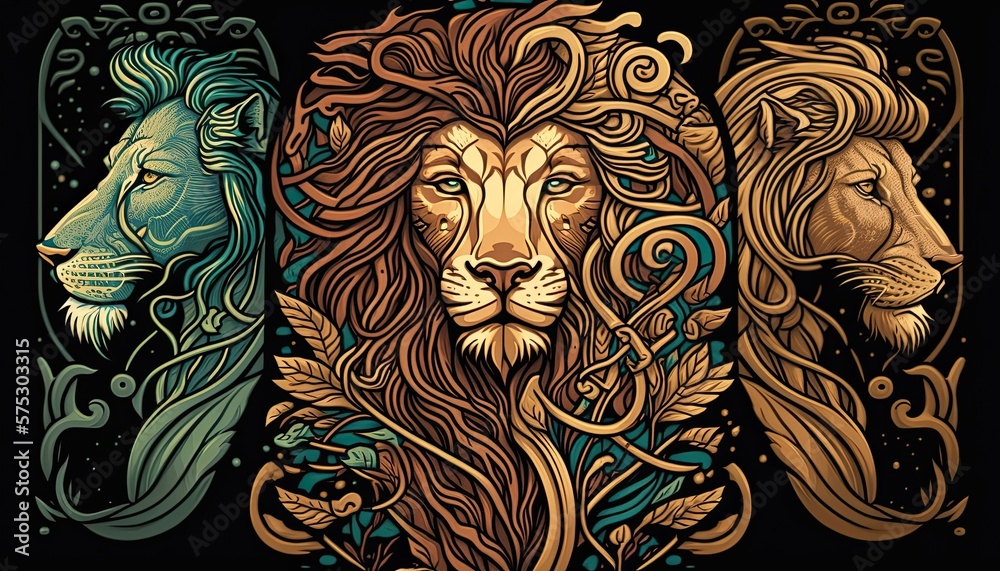 Three majestic lion faces illustration, generative ai