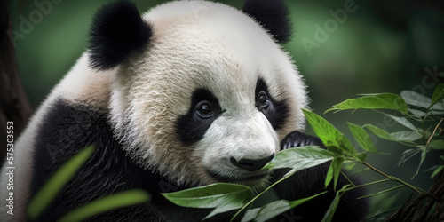 Adorable Panda Eating Bamboo with Black and White Fur and Cute Face  created with Generative AI 