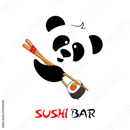 Panda eats sushi. Logo for sushi bars.
