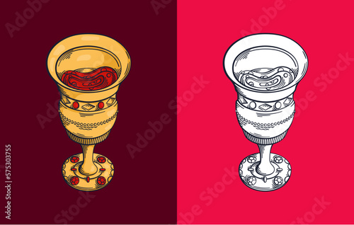 Royal goblet of wine. Engraving drawing technique. Vintage illustration. Vector design element