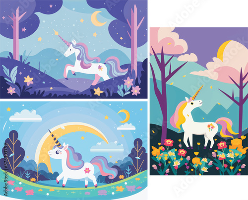 Magical Vector Illustration of a Cute Unicorn Amidst a Stunning Nature Background  Featuring Lush Greenery  Trees  and Glittering Stars Perfect for Fantasy-Themed Designs  Children s Books  and Dream