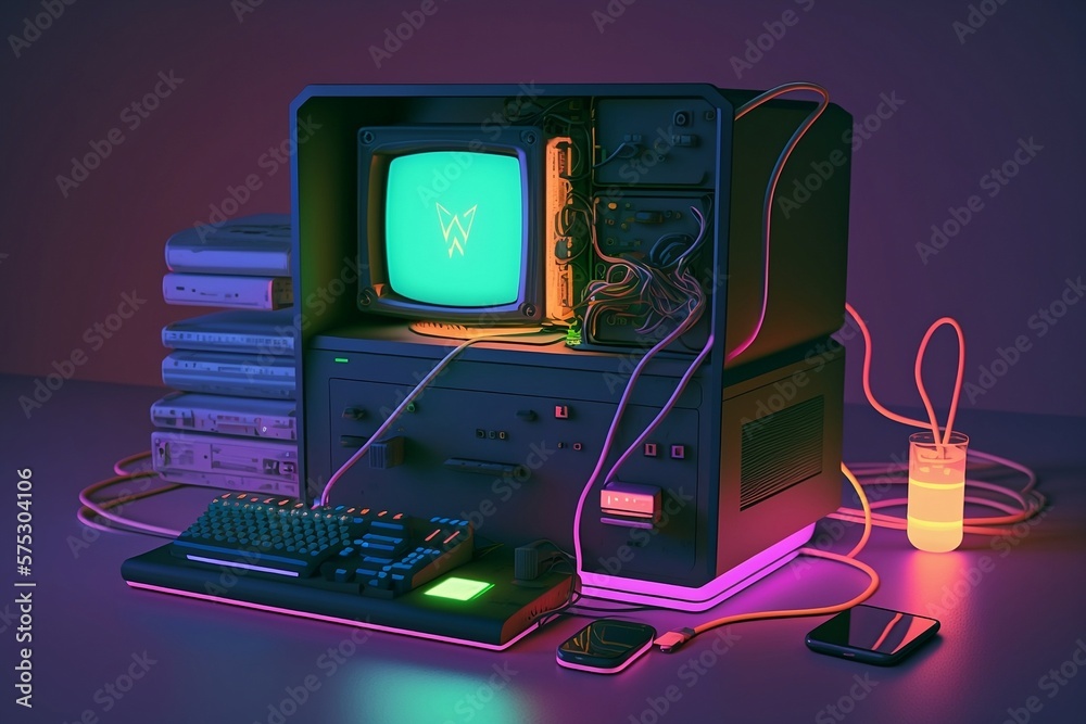 Vintage Desktop PC with Floppy Drive, Keyboard and Mouse in Neon