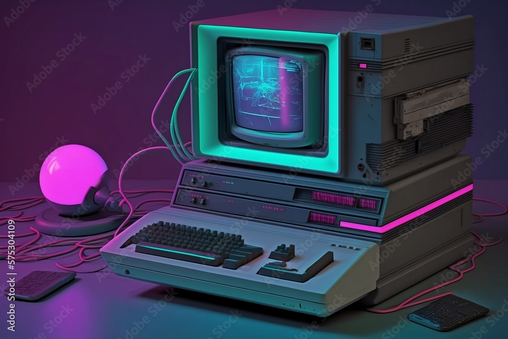 Vintage Desktop PC with Floppy Drive, Keyboard and Mouse in Neon