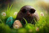Illustration of funny mole with easter egg on a green meadow AI generated content
