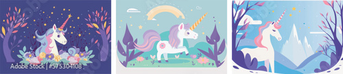 Magical Vector Illustration of a Cute Unicorn Amidst a Stunning Nature Background  Featuring Lush Greenery  Trees  and Glittering Stars Perfect for Fantasy-Themed Designs  Children s Books  and Dream