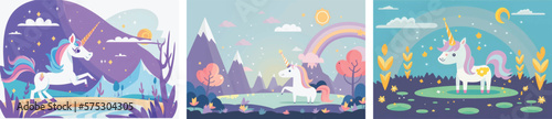 Magical Vector Illustration of a Cute Unicorn Amidst a Stunning Nature Background, Featuring Lush Greenery, Trees, and Glittering Stars Perfect for Fantasy-Themed Designs, Children's Books, and Dream