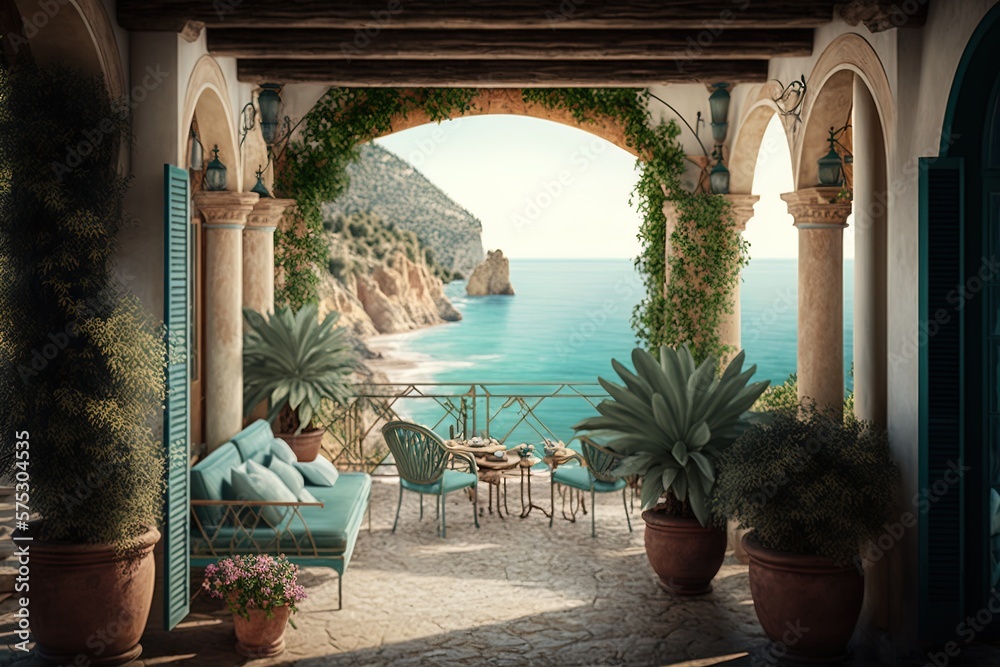 Fototapeta premium Facing the Sea: Paradise Found near an Italian Lodge Generative AI