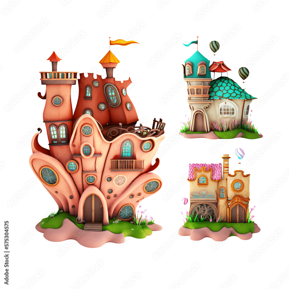 Whimsical plasticine 3D houses sculptures clipart illustrations isolated on white background AI generated
