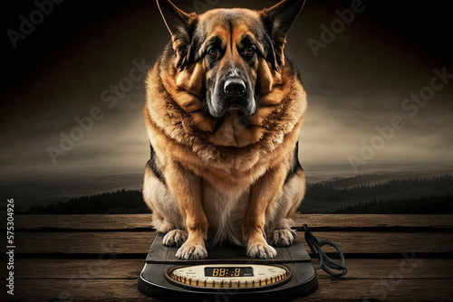 sad German shepherd dog on a weight scale. Generative AI