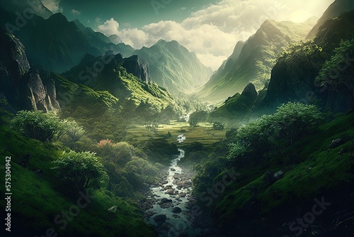 Lush Verdant Valley Glowing with Magical Awe Generative AI