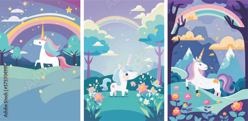 Magical Vector Illustration of a Cute Unicorn Amidst a Stunning Nature Background, Featuring Lush Greenery, Trees, and Glittering Stars Perfect for Fantasy-Themed Designs, Children's Books, and Dream