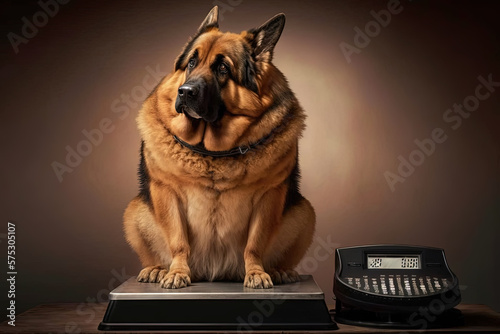 sad German shepherd dog on a weight scale. Generative AI