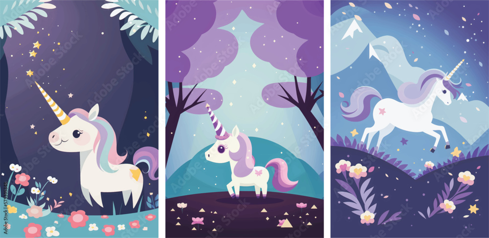 Magical Vector Illustration of a Cute Unicorn Amidst a Stunning Nature Background, Featuring Lush Greenery, Trees, and Glittering Stars Perfect for Fantasy-Themed Designs, Children's Books, and Dream Magical Vector Illustration of a Cute Unicorn Amidst a Stunning Nature Background, Featuring Lush Greenery, Trees, and Glittering Stars Perfect for Fantasy-Themed Designs, Children's Books, and Dream