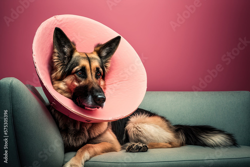 German shepherd dog with medical cone collar on blue couch, pink background.Generative AI