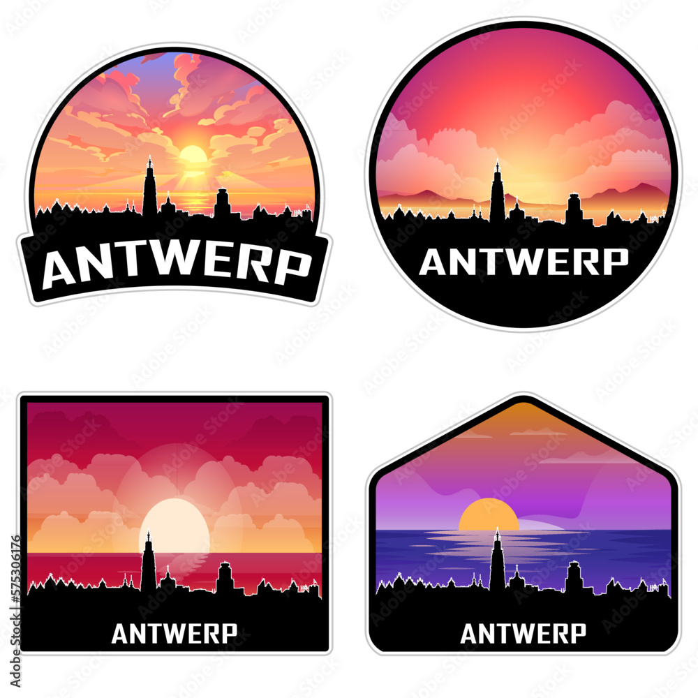 Antwerp Belgium Skyline Silhouette Retro Vintage Sunset Antwerp Lover Travel Souvenir Sticker Vector Illustration SVG EPS AI