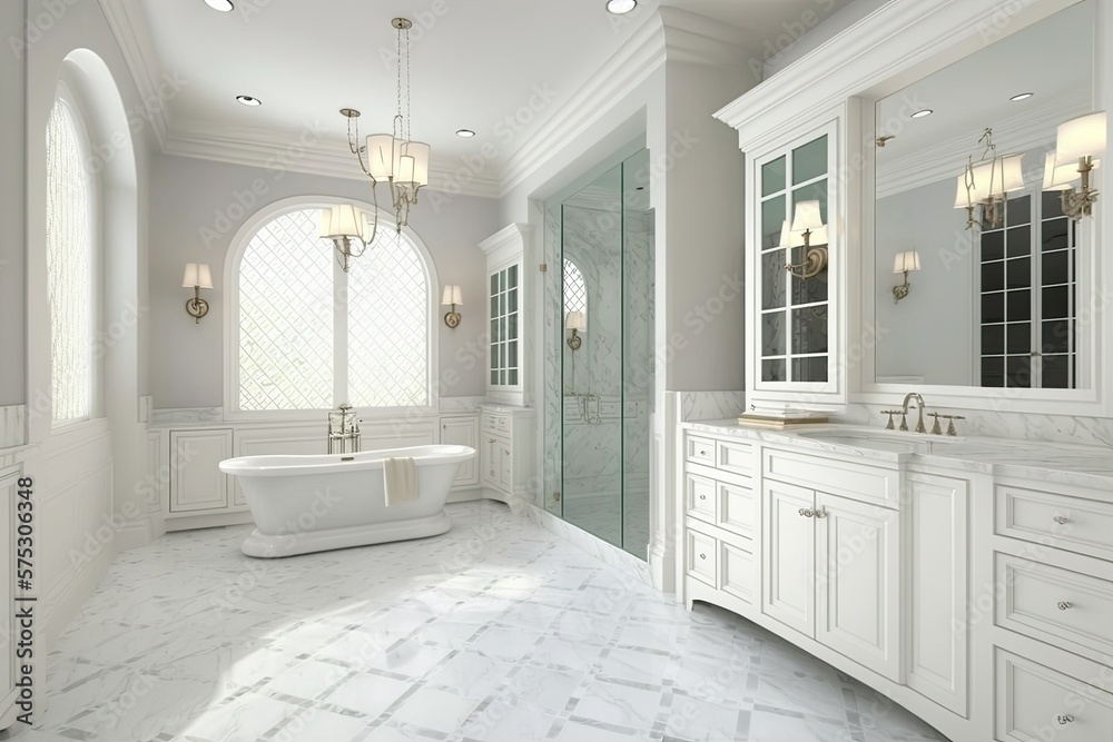 Double sink vanity, soaking tub, mirror framed glass shower enclosure, and tiled floor characterize the luxurious bathroom of this magnificent mansion. Generative AI