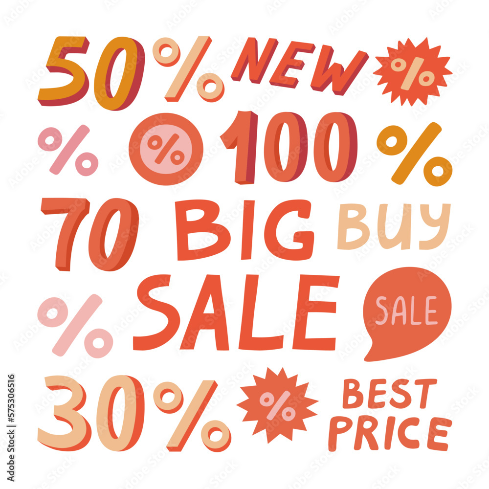 Stickers Big sale and numbers discount in flat vector style. Hand drawn vector illustration