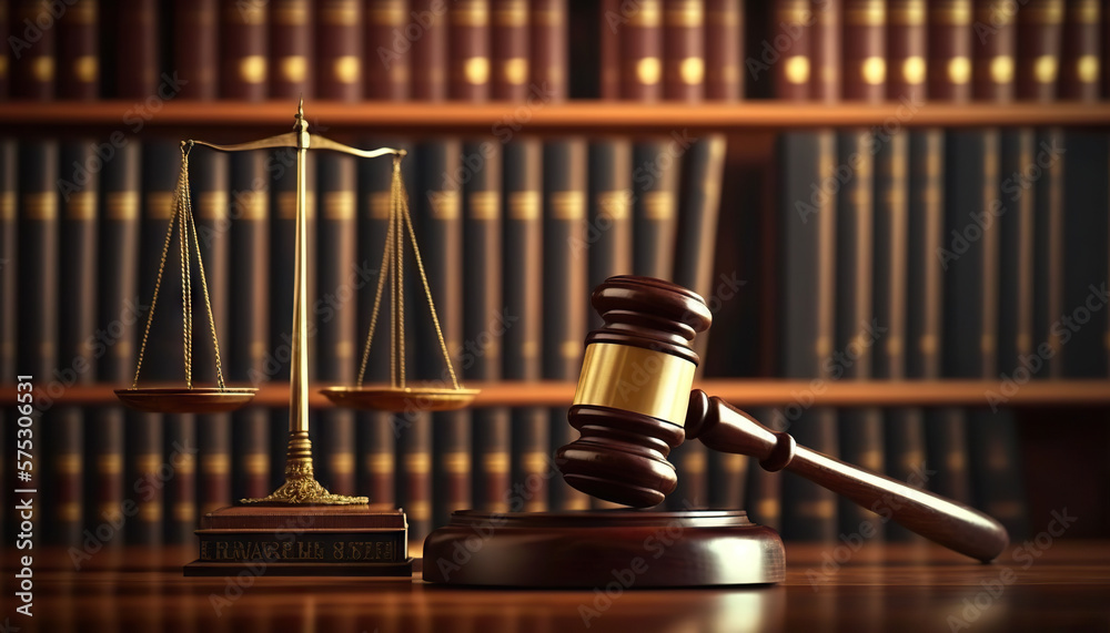 Judge gavel and Scales of Justice in Library. Law concept of Judiciary, Jurisprudence and Justice. Copy space. Based on Generative AI Judge gavel and Scales of Justice in Library. Law concept of Judiciary, Jurisprudence and Justice. Copy space. Based on Generative AI