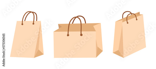 Craft paper bag set in flat vector style. Hand drawn vector illustration shopping