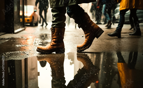 Fotografia Legs and feet wearing Rugged Leather boots, walking by a puddle on the pavement in a big city