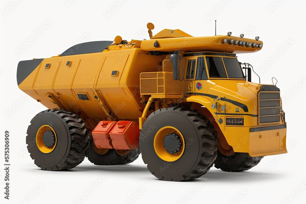 Heavier than normal yellow mining vehicle on a white background. Generative AI