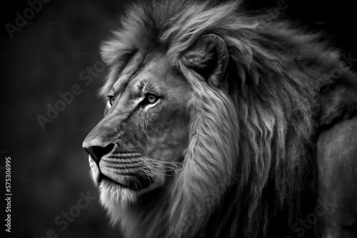 A black and white portrait of a lion  a wild African animal walking at night  Generative Ai