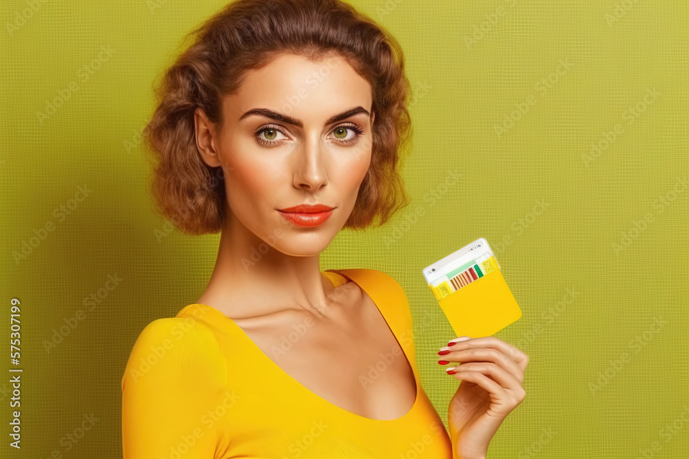 beautiful young woman holding a credit card on a yellow background.Generative AI beautiful young woman holding a credit card on a yellow background.Generative AI