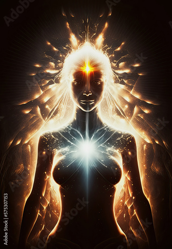 girl body is pierced by spiritual light. Mental health, balance. Generative AI