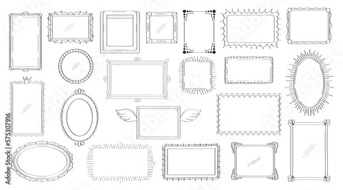 Frames, mirror set in hand drawn style. Vintage image frame doodle labels. Blank black square rectangle label elegant sketches. Outlines photo border.