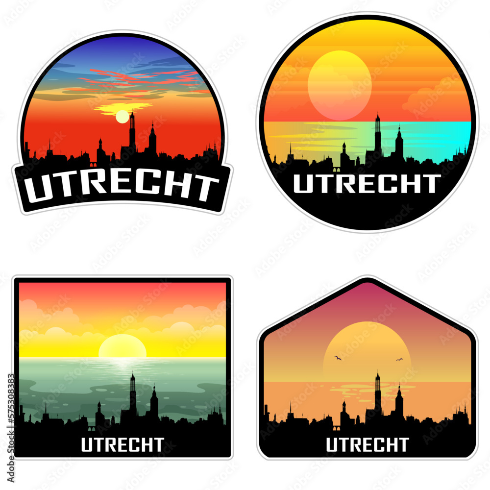 Utrecht Netherlands Skyline Silhouette Retro Vintage Sunset Utrecht Lover Travel Souvenir Sticker Vector Illustration SVG EPS AI