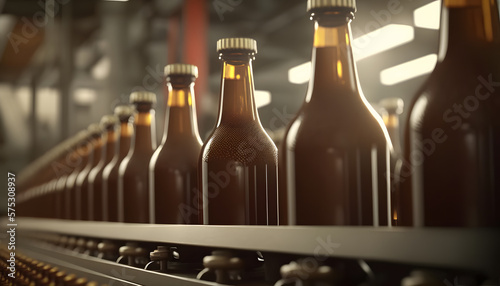 Line of brown glass bottles for beer transported by conveyor in contemporary brewery workshop closeup timelapse