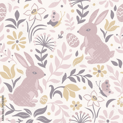 Easter rabbit seamless pattern. Scandinavian style. Floral pastel background. Vector illustration