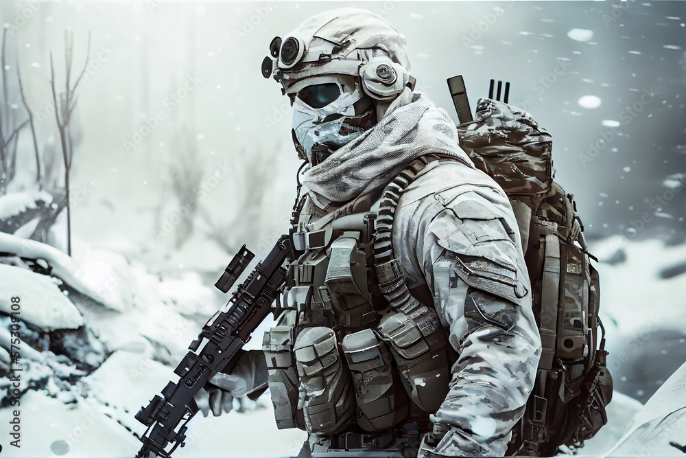 Fototapeta premium Soldat in Winteruniform im Schnee