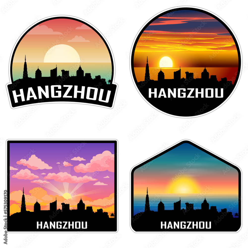 Hangzhou China Skyline Silhouette Retro Vintage Sunset Hangzhou Lover Travel Souvenir Sticker Vector Illustration SVG EPS AI