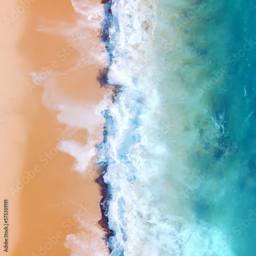 Tropischer Sand Strand mit türkisfarbenem Meer, Wasser und Wellen, Luftaufnahme, Generative AI, Generativ, KI