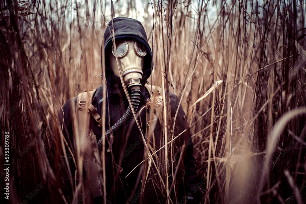 Person with gasmask in bushes - obrazy, fototapety, plakaty 