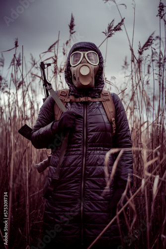Person with rifle and gasmask in bushes