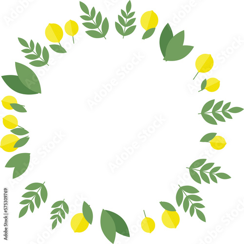 Round frame of lemons and green leaves in flat