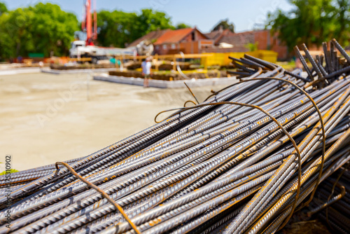 Metal reinforcing, steel bars stacked for construction placed on the building site