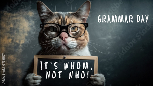 humorous cat correcting someone's grammar, looking disapprovingly at a person who is speaking with incorrect grammar. cat holding chalkboard with grammatical correction, "it's 'whom,' not 'who'!". Ai