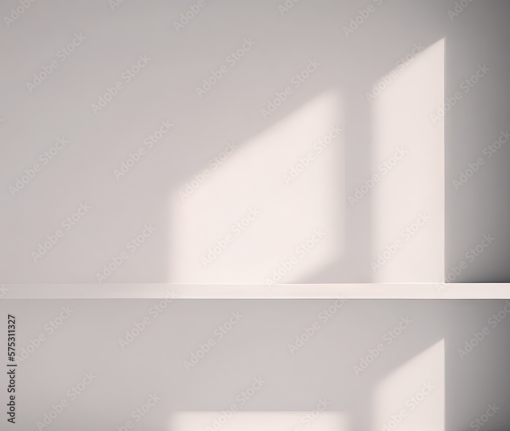 Front view of an empty shelf or counter on white wall background with the natural light of the window. Display of room shelves for showing the minimal concept. Realistic 3D render. Generative AI. Front view of an empty shelf or counter on white wall background with the natural light of the window. Display of room shelves for showing the minimal concept. Realistic 3D render. Generative AI.