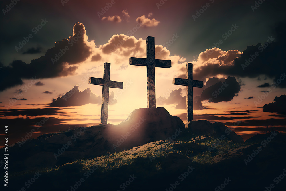 Image of three crosses on top of a hill, in a sunset full of clouds