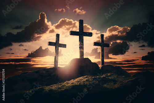 Fototapeta Image of three crosses on top of a hill, in a sunset full of clouds, symbolizing the passion of Christ in Easter