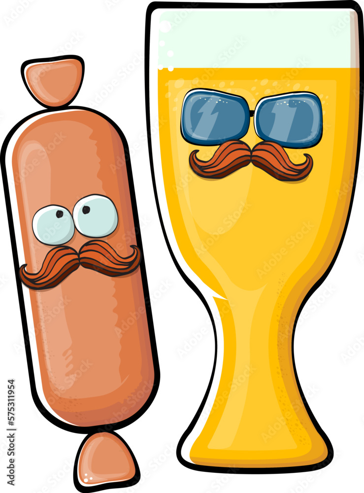 Cartoon sausage and beer characters isolated on white background. Funky meat sausage and beer glass character with eyes and mouth. Sausage and beer label and sticker Cartoon sausage and beer characters isolated on white background. Funky meat sausage and beer glass character with eyes and mouth. Sausage and beer label and sticker