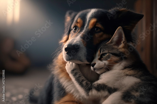 A dog and a cat together and cuddled in good harmony. Love and affection between pets. Adoption of pets. Generative AI © Fran Rodríguez