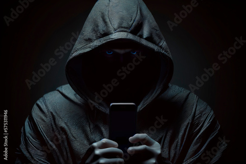 A hooded man with an intimidating look, holding a smartphone in his hands. Concept of vishing, smishing and phishing. Cybercrime, and technological crime. Generative AI. photo