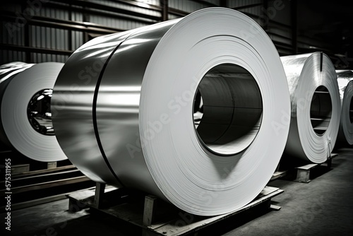 Galvanized steel sheet rolls stored in a warehouse or manufacturing facility. Generative AI
