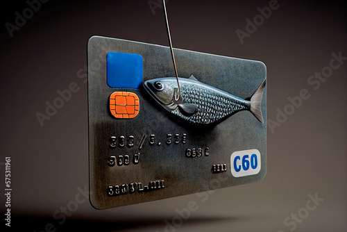 Close-up of a credit card pierced by a fishing hook. Concept of vishing, smishing and phishing. Cybercrime, and technological crime. Generative AI photo