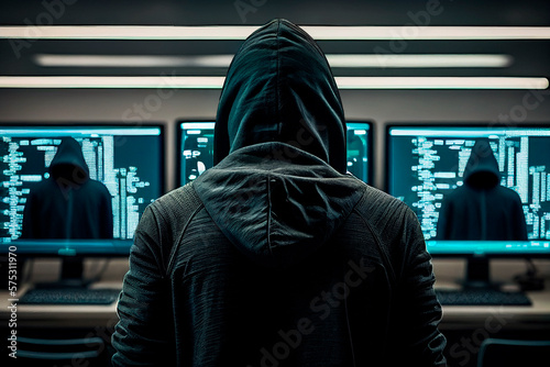 Rear view of a hooded man, in a room full of computers, performing theft and criminal operations through the Internet. Concept of vishing, smishing and phishing. Cybercrime, Generative AI. photo